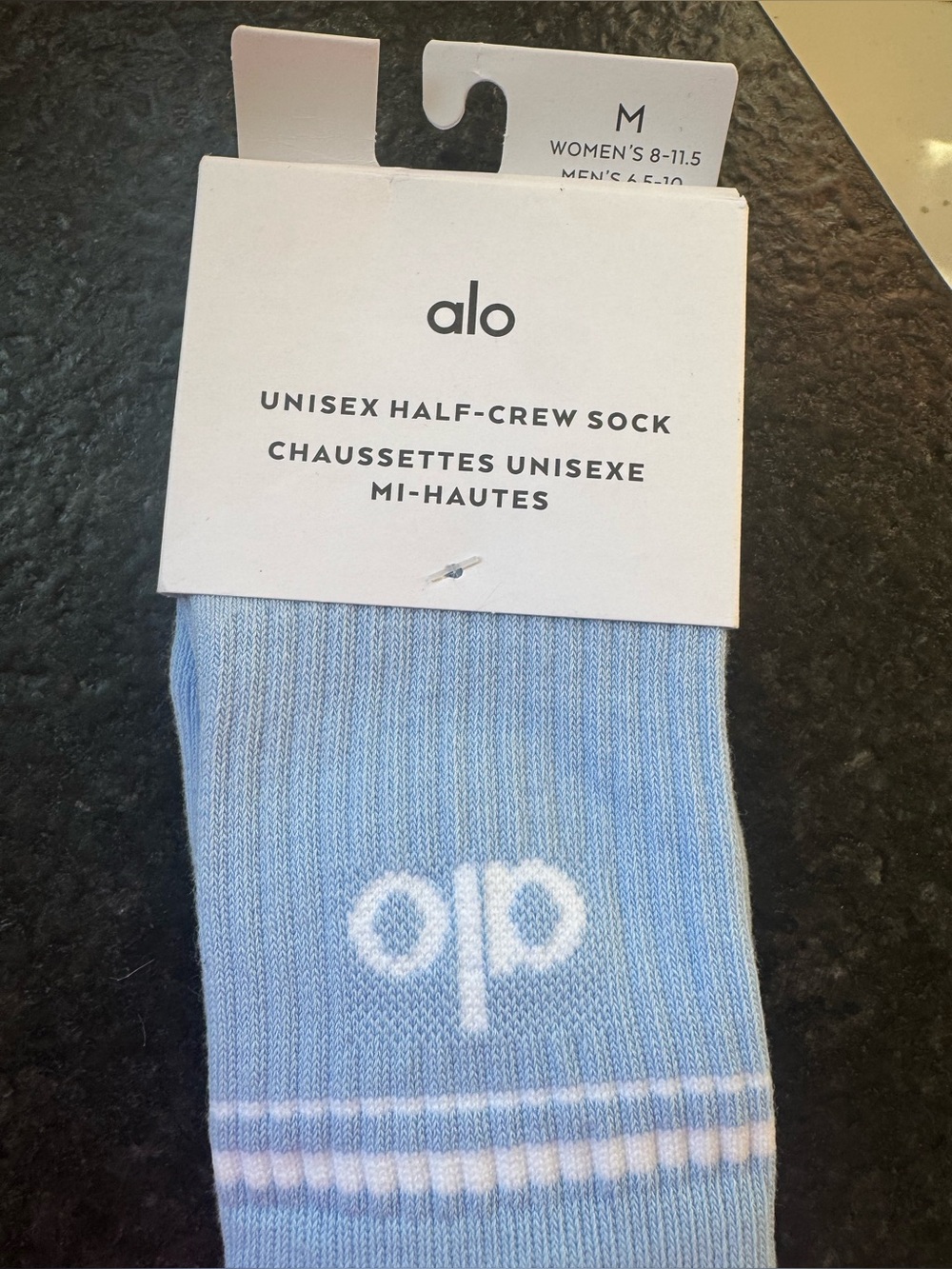 ALO Yoga Light Blue Half-Crew Sock with White Logo